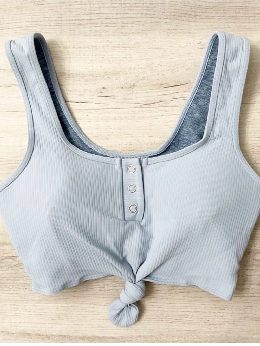 Bombshell Sportswear Light Blue Ribbed Front-Knot Sports Bra